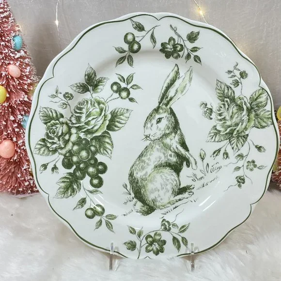 Maxcera Easter Bunny Rabbit Green White Toile Dinner Plates ~New ~Set of 2 - Picture 6 of 7